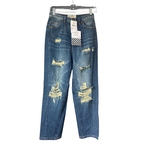 SANDRINE ROSE X FREE PEOPLE NY82 Wide Leg Distressed Blue Jeans NEW Size 25 - Picture 2 of 9